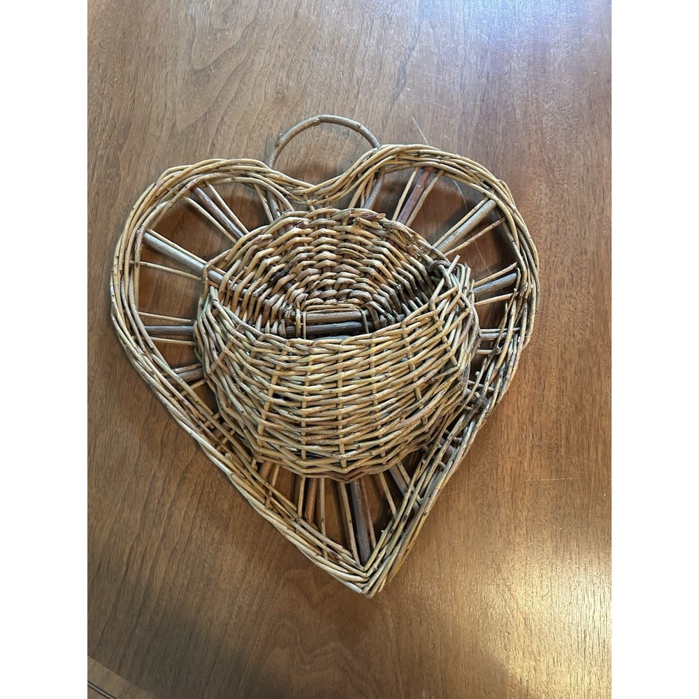Vintage Wicker Wall Basket Hanging Planter Woven Rattan Heart Shape Cottagecore